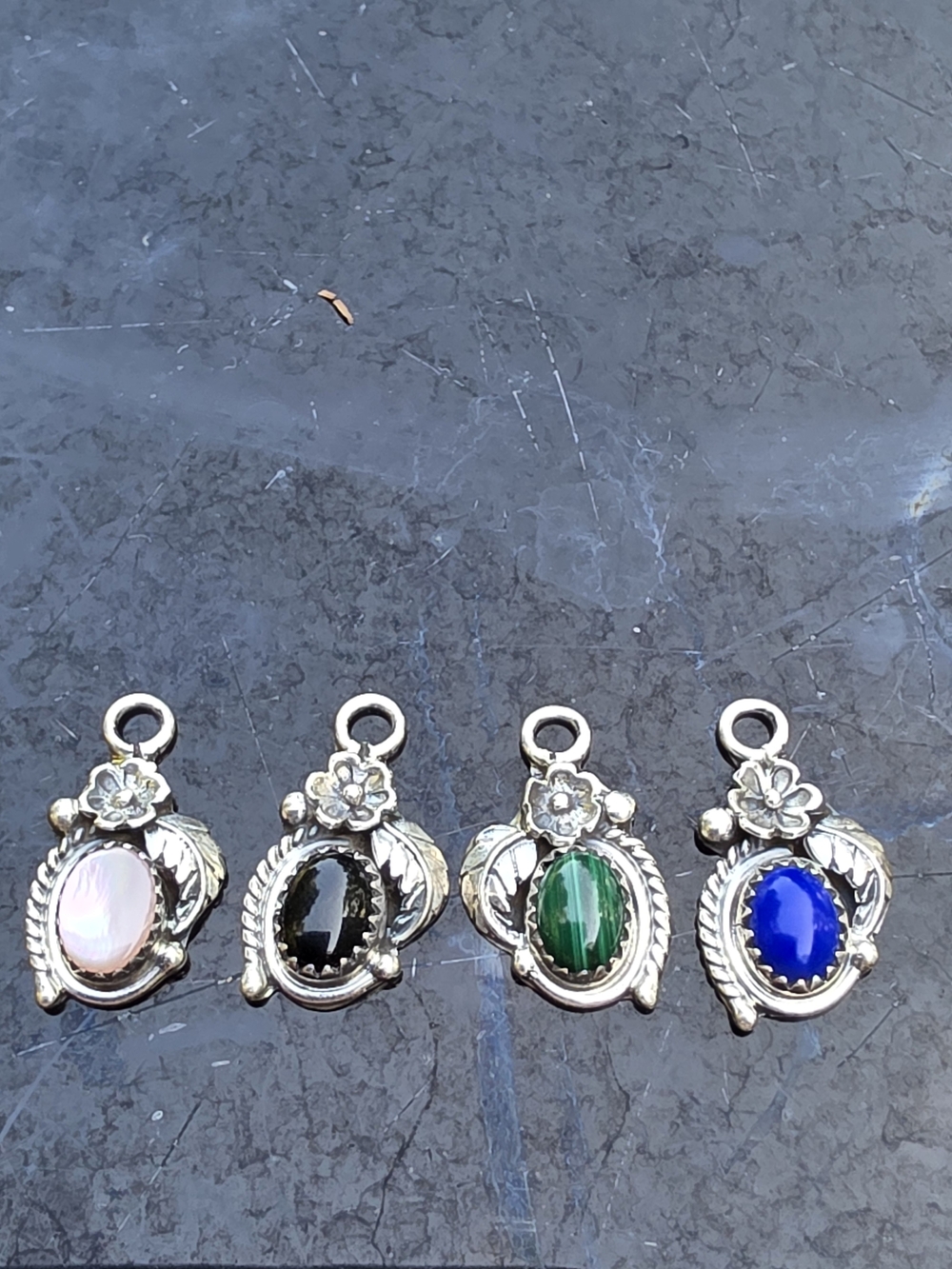 Lot Of 4 Small Sterling Silver Y Navajo Stone Pendants Lapis Lazuli Onyx Green